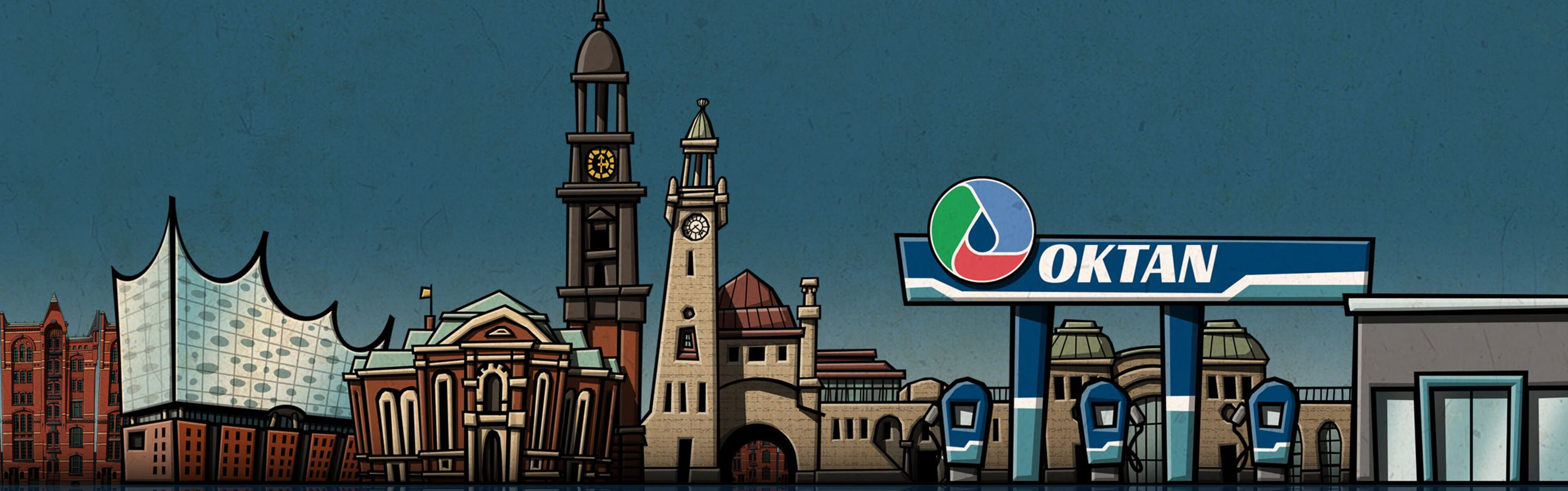 Illustration der Hamburger Skyline ergänzt um eine OKTAN Tankstelle